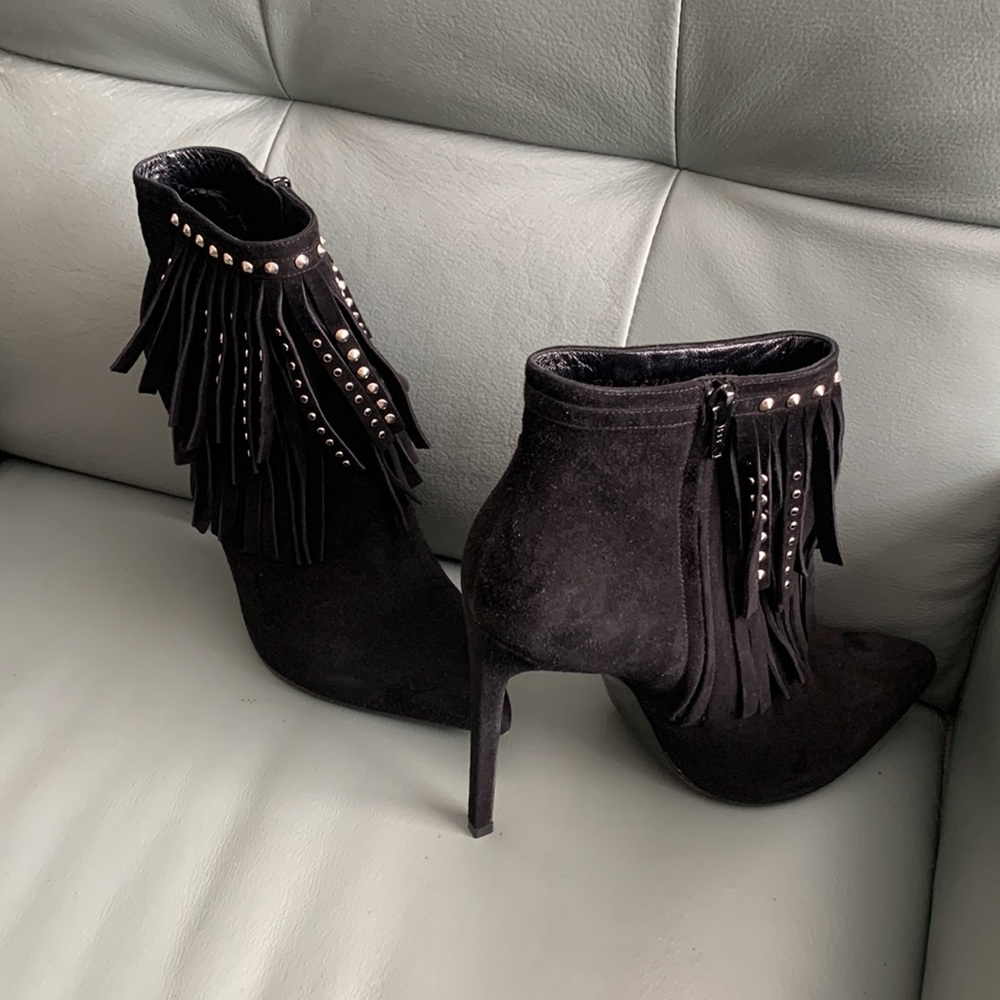 Saint Laurent Black Suede Studded-fringe Bootie - Picture 11 of 15